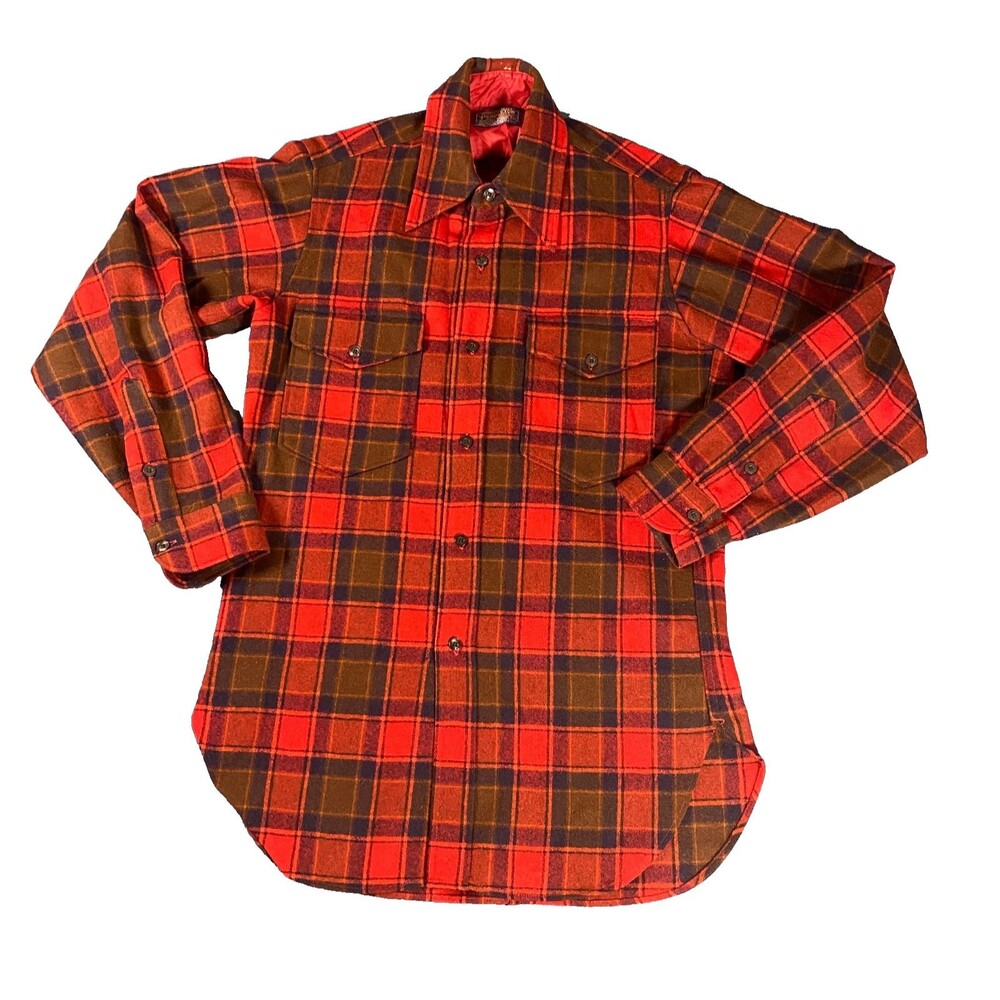 True Vintage 1960’s Pendleton Button-Up Shirt Wool Plaid Red Navy Blue (Small)